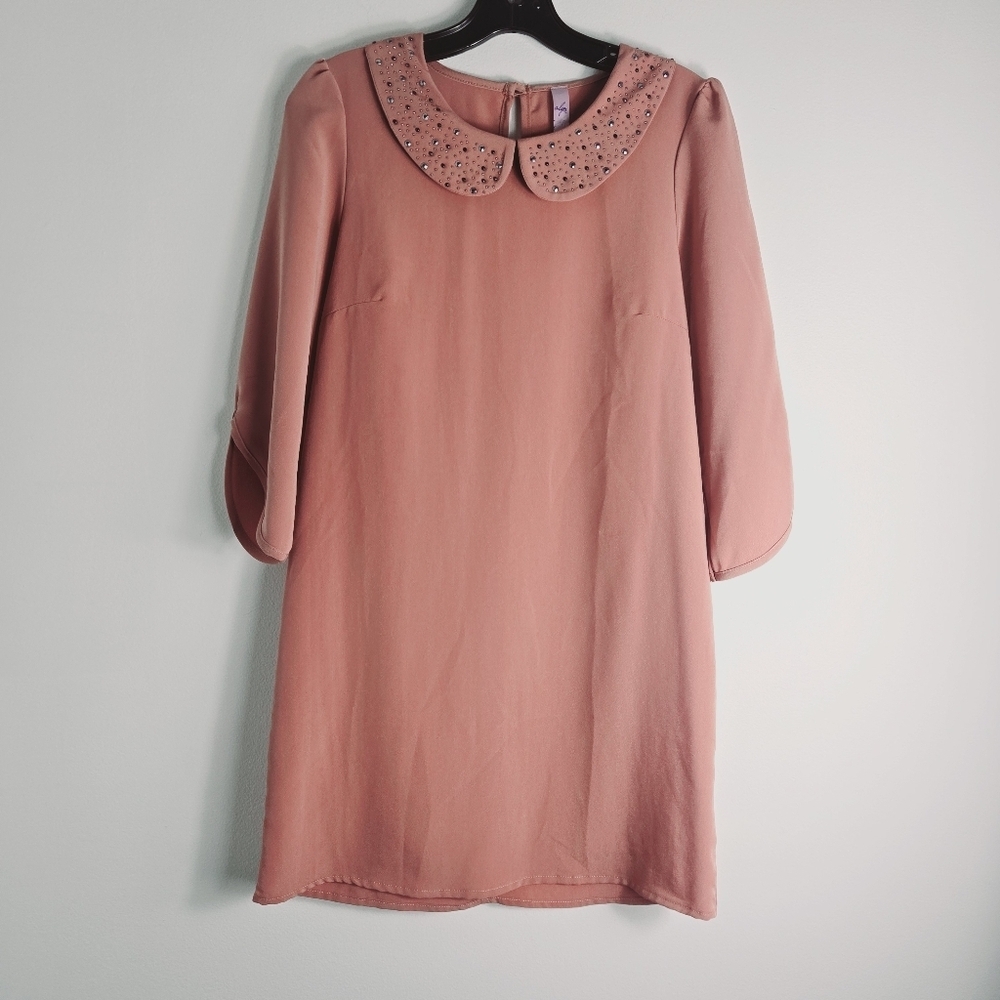 Alya Mauve 3/4 Sleeves Peter Pan Collar Rhinestone Dress